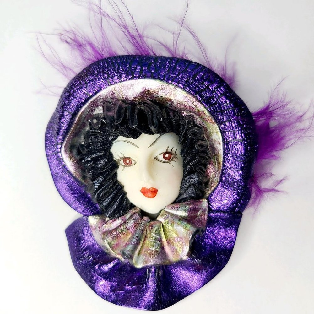 Vintage Handcrafted Artisan Art Deco Style Purple Woman Ladies Face Brooch, EUC